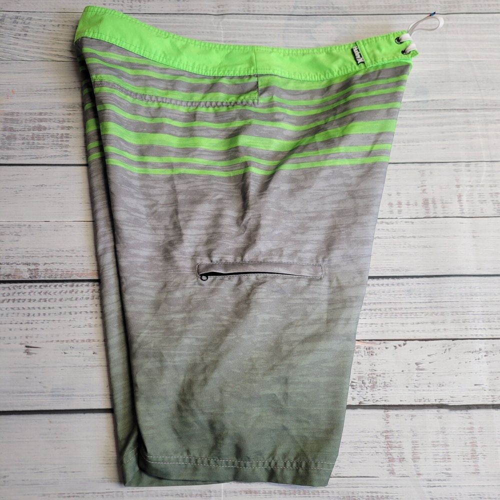Hurley Board Shorts Mens 32 (36) Lime Green Gray Swim Trunks Drawstring Pocket - Picture 4 of 8